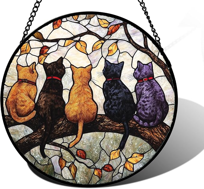 DASTOLL Stained Glass Window Hanging - 5 Cats on a Branch Suncatcher for Window Doors Home Decoration and Christmas, Mother's Day Father's Day Birthday Gifts for Women, Men, and Mom 11.8x11.8 in