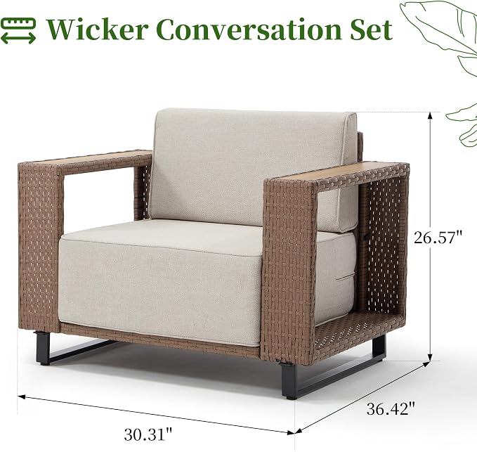 Bonzy Home Wicker Patio Chair, Rattan Outdoor Patio Chairs with Extra-Thick Soft Cushions and Widened Armrest for Porch, Garden Poolside Balcony