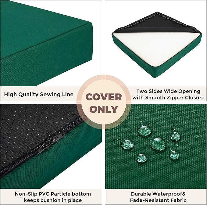 Outdoor Cushion Covers 22 x 22 x 4 inch,Set of 2,Non-Slip Grips Bottom,Replacement Cushion Covers for Garden Patio Furniture Couch Chair,Fade-Resistant Slipcover Only,No Insert(Blackish Green)
