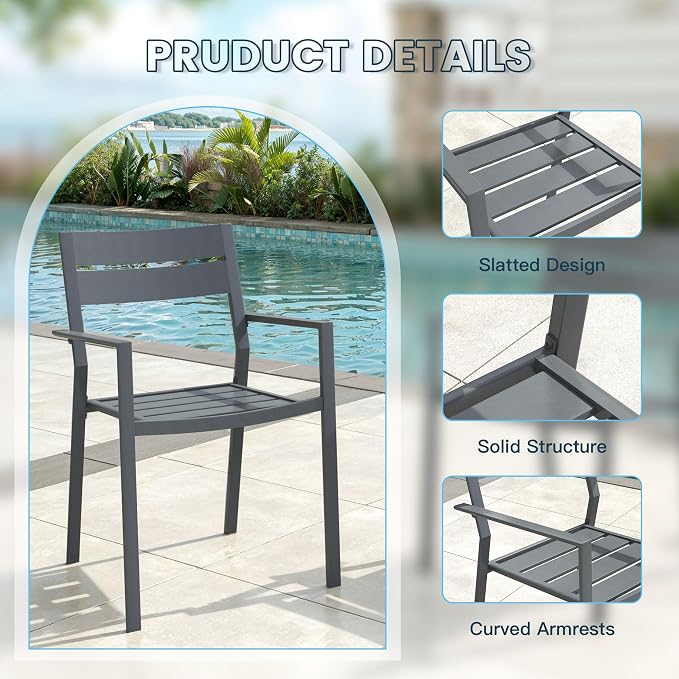 VICLLAX Patio 5 Pieces Outdoor Dining Set, Wrought Iron Metal Outdoor Table and Chairs Set, 40.6" Round Table with Umbrella Hole and 4 Stackable Chairs for Lawn, Garden, Porch, Dark Grey/Grey