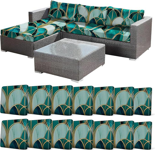 CALBODE 14Pcs Stretch Patio Cushion Cover, Art Deco Geometric Pattern Couch & Sofa Slipcovers for Patio Furniture Cushions Washable Reusable Couch Covers Replacement for All Season(Green, Cover Only)