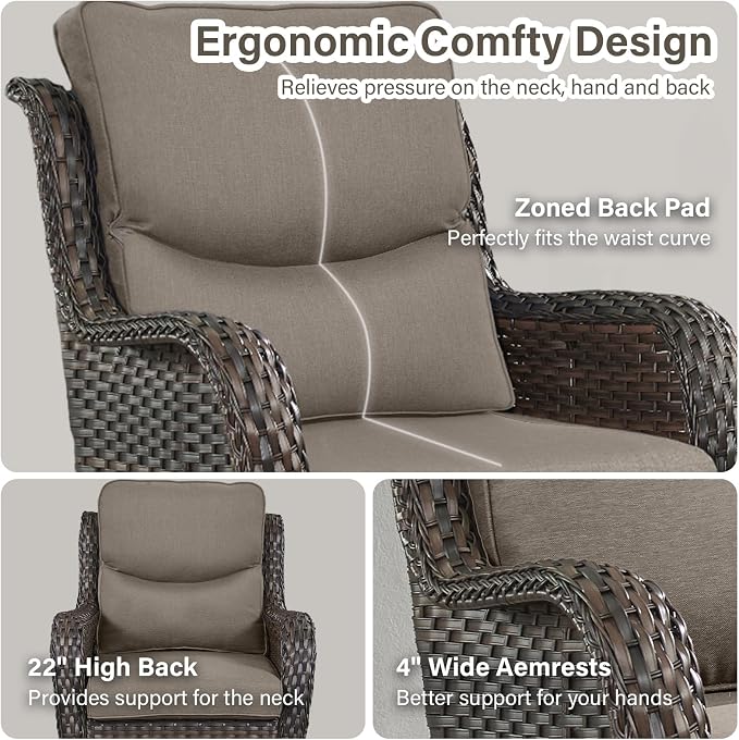 Outdoor Swivel Rocker Patio Chairs Set of 4 with Ottoman Coffee Table - 5" Thick Cushion 8 Piece Furniture Set All Weather Comfortable Wicker Conversation Set for Porch Deck - Brown/Gray