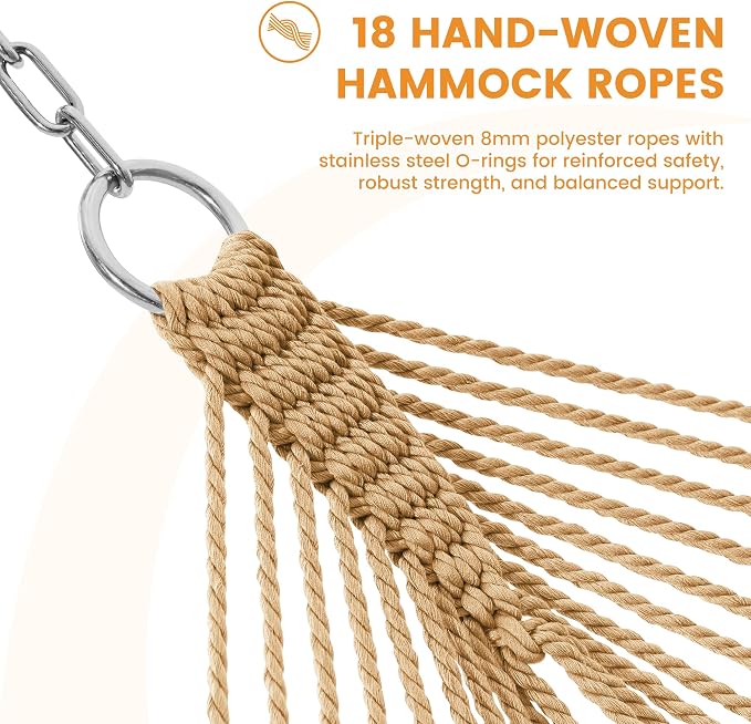 Lazy Daze Hammocks 10.5 FT Double 2 Person Caribbean Rope Hammock, Hand Woven Polyester Hammock with Spreader Bars, for Outside Outdoor Backyard Patio Poolside, 450 LBS Capacity, Tan