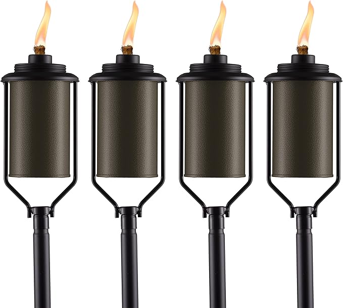 TIKI Easy Install 4-Pack Simply Metal Torches – Bronze Decorative Outdoor Lighting for Patio, Lawn, Backyard & Garden | 65" | Weather-Resistant | Includes Long-Lasting Wick & Snuffer