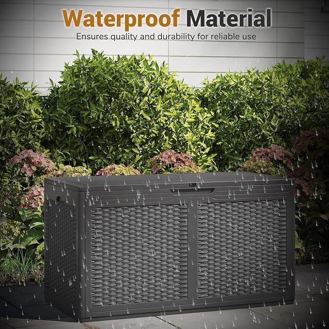 Tangkula 100 Gallon Outdoor Storage Box, Lockable Outdoor Storage Bench with 2 Smooth Wheels, Faux Rattan Surface, Waterproof Resin Deck Box for Outside Poolside Patio Garden (Grey)