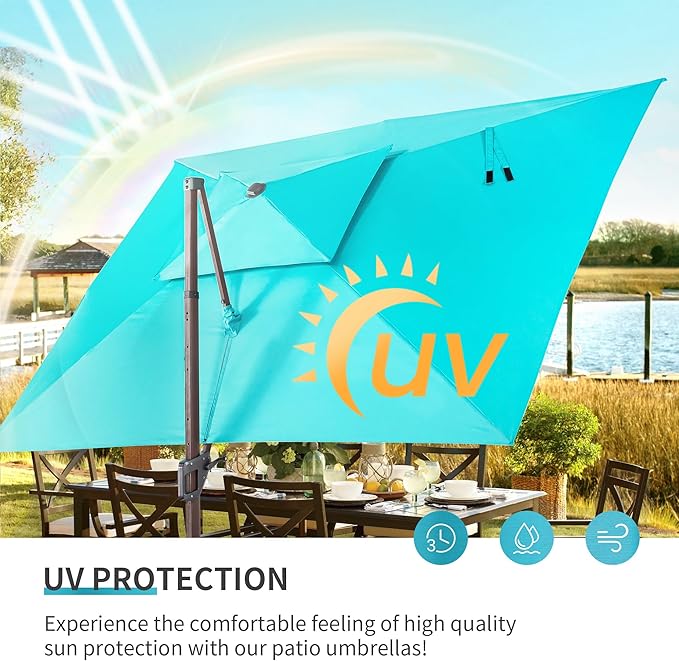 JZAC & QZYD 9x12 FT Outdoor Cantilever Patio Umbrella with LED Lights, Large Heavy Duty 2-Tier Aluminum Offset Umbrellas with 360-Degree Rotation for Pool Deck, Turquoise