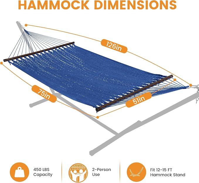 Lazy Daze Hammocks 10.5 FT Double 2 Person Caribbean Rope Hammock, Hand Woven Polyester Hammock with Spreader Bars, for Outside Outdoor Backyard Patio Poolside, 450 LBS Capacity, Blue