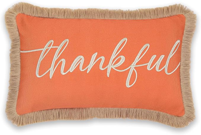 Hofdeco Premium Fall Coastal Patio Indoor Outdoor Lumbar Pillow Cover Only, 12"x20" Water Repellent for Backyard, Couch, Rust Orange Embroidered Thankful with Fringed Trim