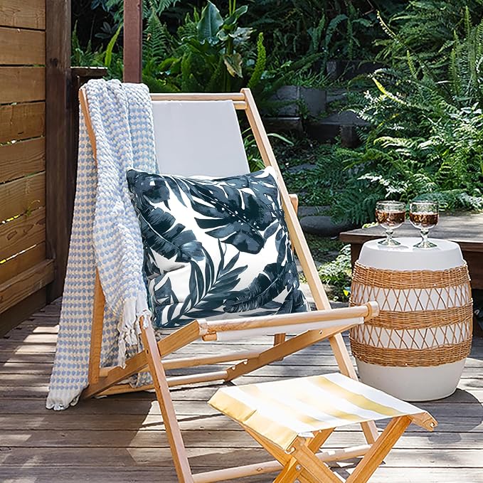 Outdoor Pillows for Patio Furniture 16x16 inch, Square Outdoor Throw Pillows with Inserts, Decorative Patio Pillows for Garden Couch Home Sofa Office Chair, Pack of 2, Palm Blue
