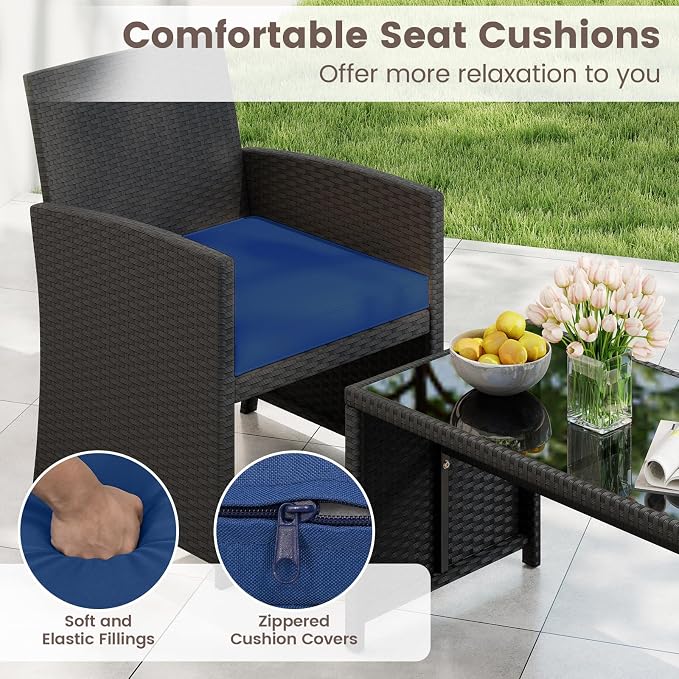 HAPPYGRILL 4 Piece Rattan Wicker Patio Conversation Set, Outdoor Furniture with Chair Loveseat Table & Cushion, for Backyard Porch Balcony (1, Black & Navy)