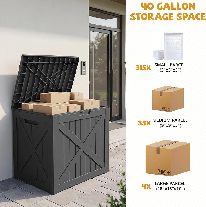 40-Gallon Outdoor Storage Box, Waterproof Deck Box for Patio Cushions, Garden Tools, Pool Accessories, Lockable Outside Storage Bin for Backyard & Deck (Black)