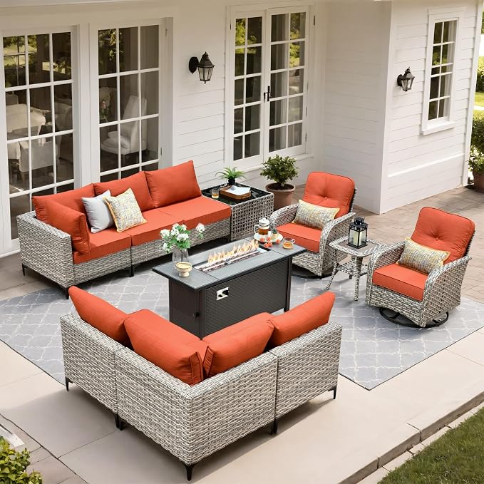 Outdoor Patio Furniture Sets,11 PCS Patio Conversation Set Outside Rattan Sectional Sofa with 54 in Fire Pit Table Wicker Rocking Chair Coffee Table Fit Backyard Porch Garden Poolside Balcony