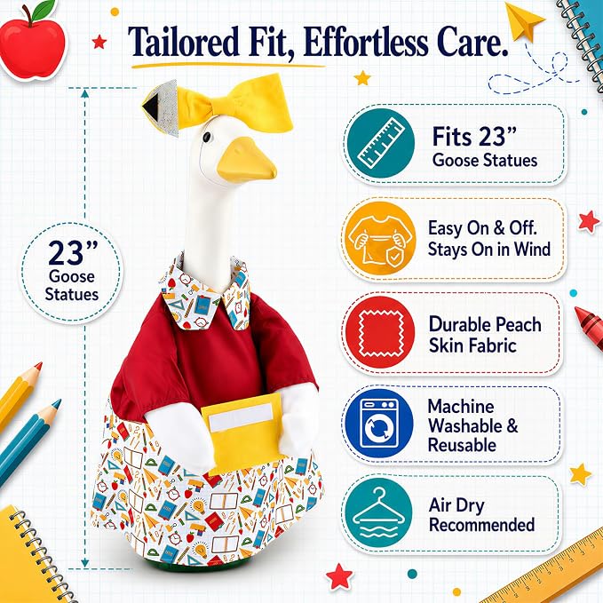 2 Set Back to School Porch Goose Outfit for 23" Cement Goose Statues | Concrete Plastic Classroom Geese Clothes with Apple Bag, Bow & Dress for Indoor Outdoor Yard Garden Patio Decor