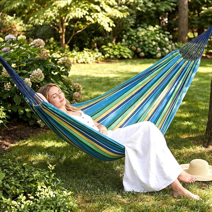 ANYOO Cotton Hammock Portable Camping Hammocks for Hanging Sturdy Garden Comfortable Fabric Hammock with Tree Straps Up to 660lbs with Travel Bag for Camping Outdoor/Indoor Patio Backyard