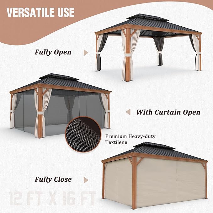EAGLE PEAK 12x16 Hardtop Gazebo, Galvanized Steel Double Roof with Wood Grain Aluminum Frame, Outdoor Pavilion with Netting and Curtains for Patio, Deck, Lawn and Garden, Woodgrain/Black