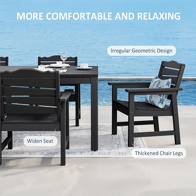 7-Piece Patio Dining Sets, Outdoor Dining Table w/Aluminum Frame and 6 Chairs, Weatherproof HIPS Dining Furniture Set with Umbrella Hole, for Backyard, Garden, Lawn, and Poolside, Black