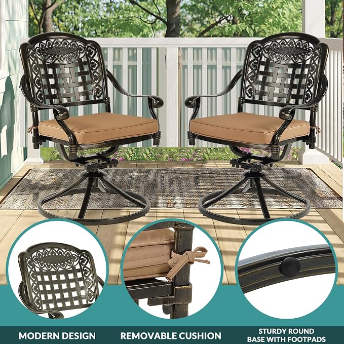MEETWARM 9-Piece Outdoor Patio Dining Set for 8, All Weather Cast Aluminum Patio Funiture Table and Chairs Set- 94.5” Rectangular Table and 2 Swivel Rocker Chairs, 6 Stationary for Garden, Khaki