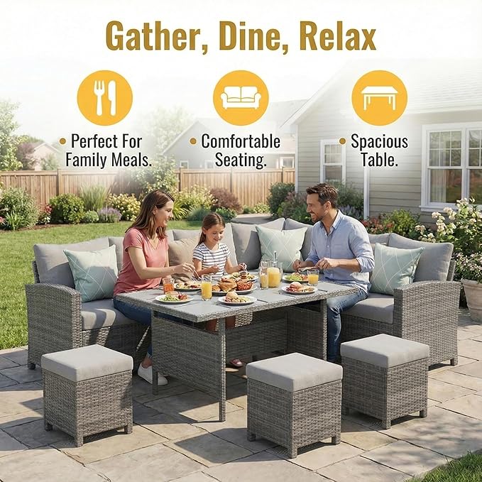 Wisteria Lane 7 Piece Patio Furniture Set, High Curved Back Wicker Outdoor Dining Set, All Weather Patio Sectional, Outdoor Furniture Patio Conversation Set with Ottoman, Ash Gray