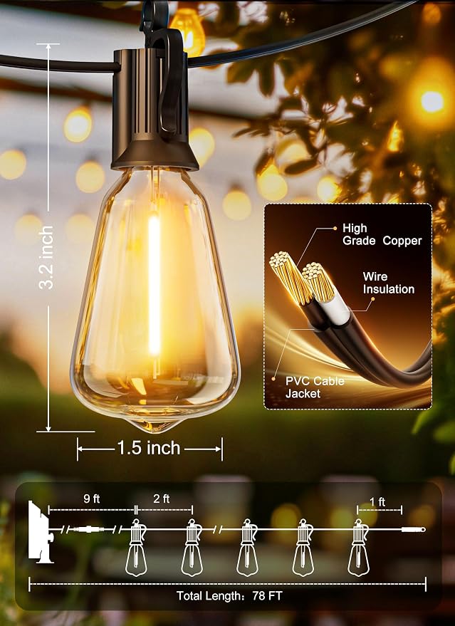 Brightown 78FT Solar String Lights Outdoor, 35+1 Shatterproof LED Bulbs | Waterproof, Remote Control, Dimmable, Timer, 3 Light Modes, Up to 26H Runtime for Backyard, Patio and Party Decor