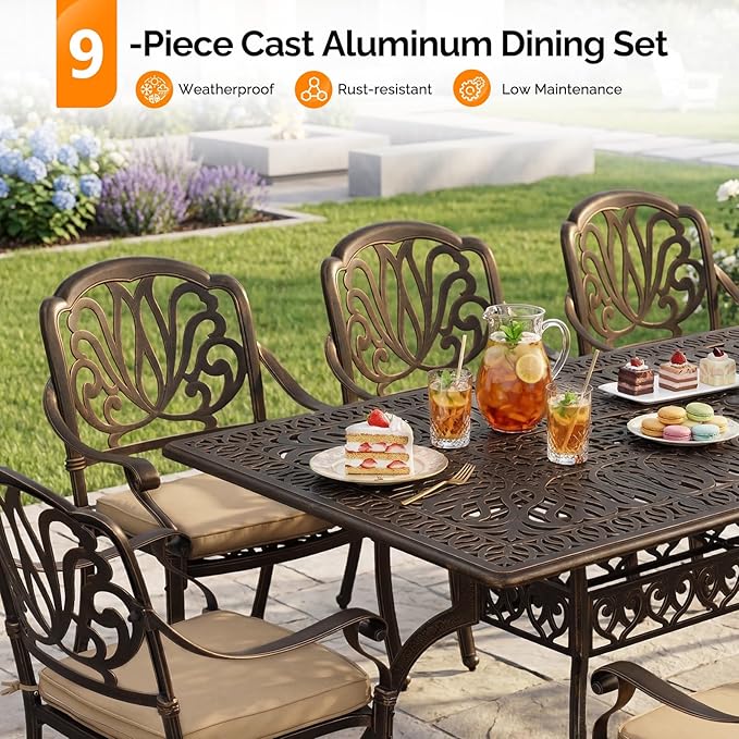 VINGLI 9 Pieces Outdoor Dining Set, Cast Aluminium All-Weather Patio Dining Set for 8 with Umbrella Hole, Outdoor Dining Table and Chairs with Cushion for Yard, Garden, Porch and Poolside, Bronze