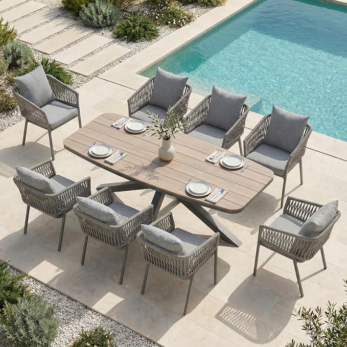 SUNSITT 9 Piece Outdoor Patio Dining Set, Patio Dining Furniture Set with 87” Aluminum Dining Table w/X Base Legs and 8 Woven Rope Outdoor Patio Chairs w/Curved Armrest for Garden, Dark Grey
