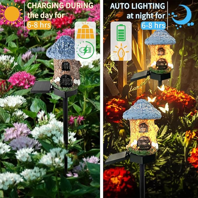 Mushroom Solar Lights Outdoor, Waterproof Fairy Houses Light Mushroom Garden Decor Decorative Solar Powered Garden Stake Lights for Outside Lawn Walkway Patio Yard (Bunkhouse)