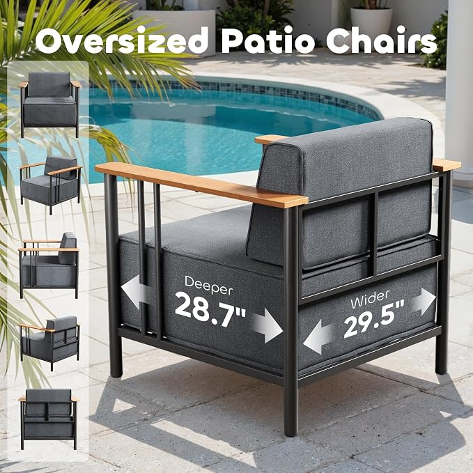 Luxury Patio Furniture Set with 10" Extra Thick Cushions, 4 PCS Outdoor Furniture Set with Patio Chairs & Couch & Coffee Table, Suitable for Porch, Balcony, Deck, Yard, Poolside, Black/Grey