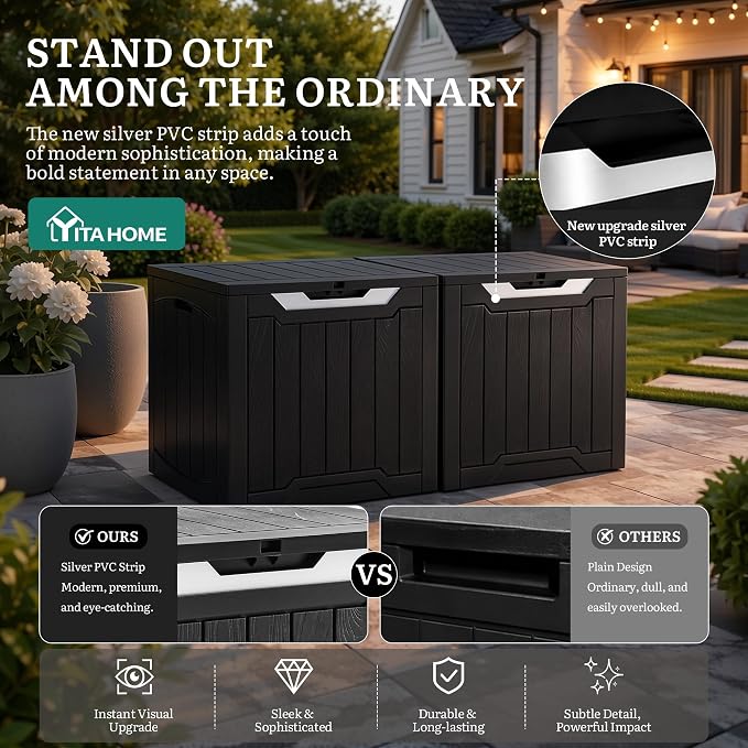 YITAHOME 31 Gallon Deck Boxes Set of 2, Lockable Outdoor Storage Bins with Silver Decorative PVC Trim Panels for Patio Cushions, Garden Tools, Weather-Resistant Resin Storage Solution, Black & Silver