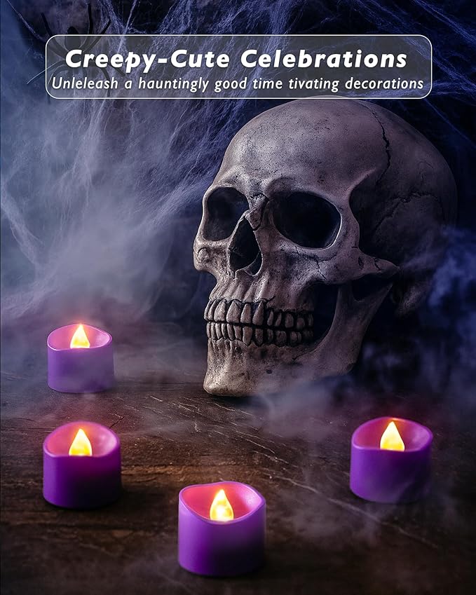 Raycare 24 Pack Purple Battery Operated Tea Lights, 200+Hour Electric Flickering Flameless Candles, Realistic Votive LED Tea Lights for Wedding Party Table Mother's Day Halloween Decorations