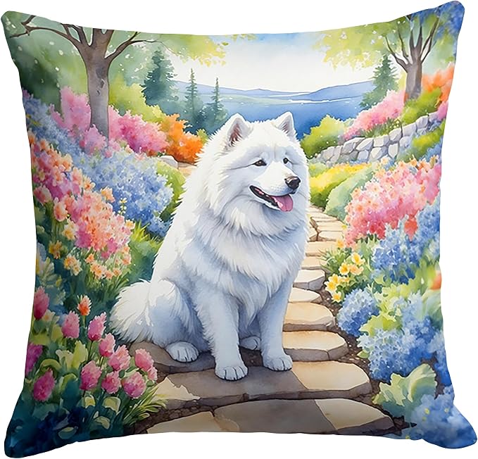 Caroline's Treasures Samoyed Spring Path Throw Pillow Machine Washable, Indoor Outdoor Decorative Pillow for Couch, Bed or Patio, 14Hx14W
