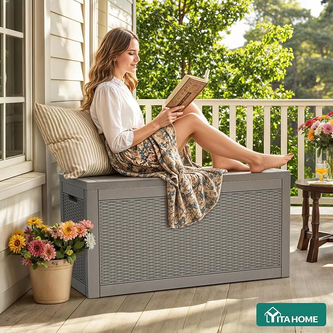 YITAHOME 60 Gallon Outdoor Storage Box, Large Water Resistant Resin Deck Box, Indoor Outdoor Lockable Rattan Storage Container for Patio, Garden, Cushions, Tools, Equipment (Taupe)