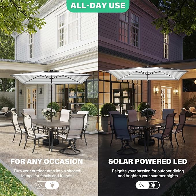 JEAREY 6.5x10 ft Rectangular LED Lighted Patio Umbrellas Outdoor Solar Table Market Umbrella w/Push Button Tilt/Crank, 6 Sturdy Ribs, UV Protection Waterproof Sunproof(Black-White Stripe)