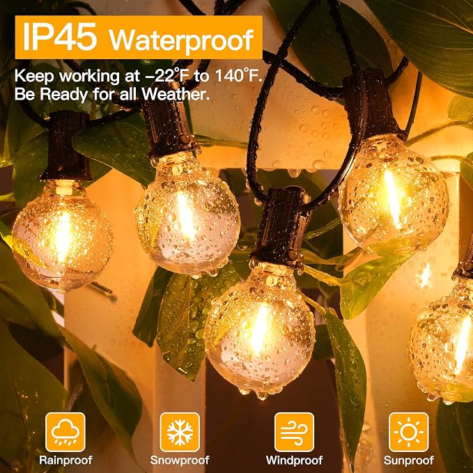 Ollny 100FT Outdoor String Lights, Waterproof Connectable Shatterproof Outside Light with 50 Edison + 3 Spare LED Bulbs Plug in, Patio Lights for Indoor Balcony Porch Camping Deck