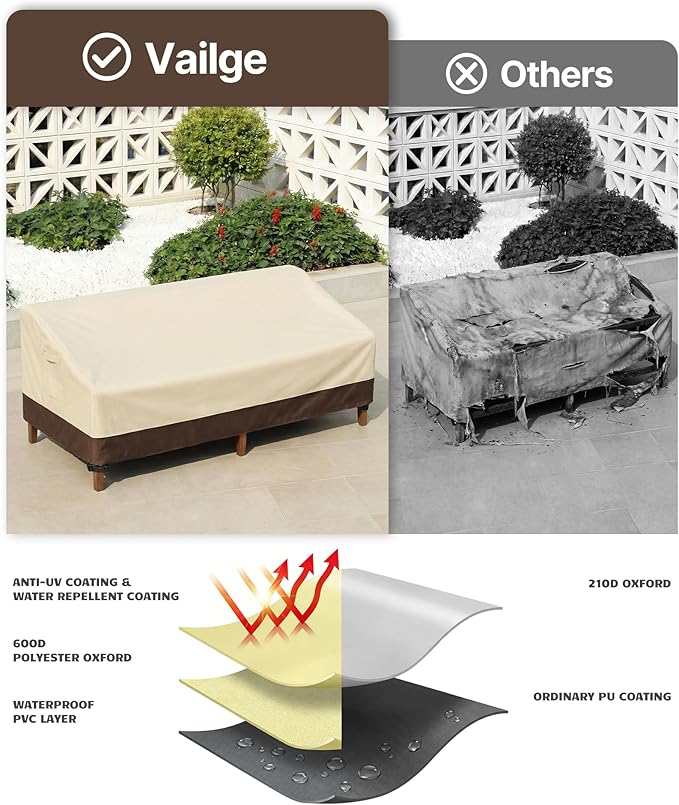 Vailge Heavy Duty Patio Sofa Cover, 100% Waterproof 3-Seater Outdoor Sofa Cover,Lawn Patio Furniture Covers with Air Vent and Handle,Beige&Brown