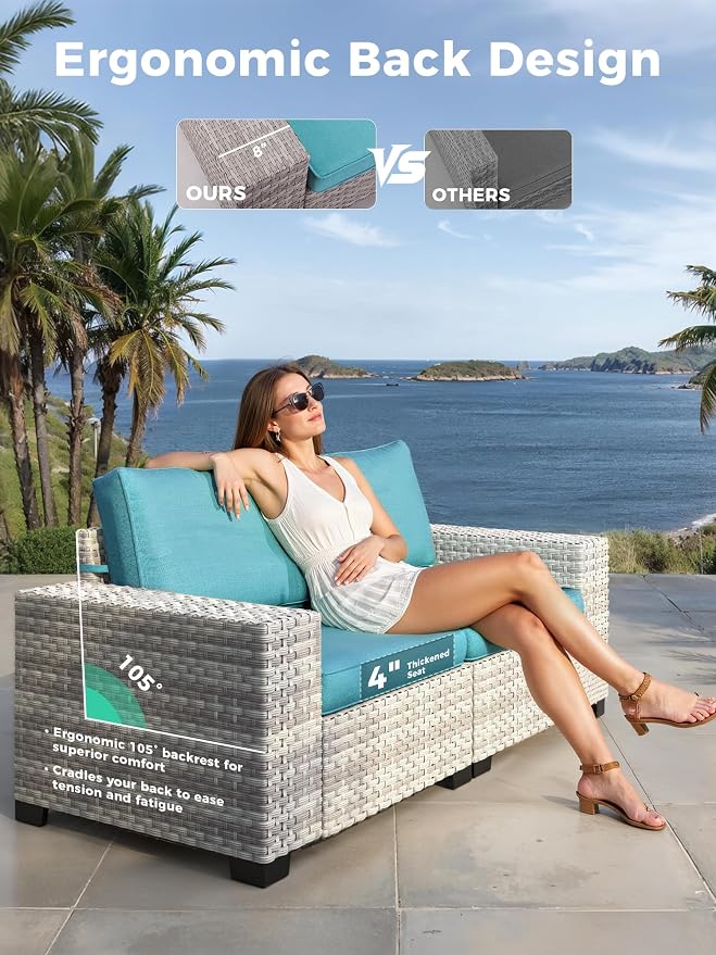 10 Piece Outdoor Wicker Sectional Sofa Set with Swivel Chairs & Fire Pit Table, 7-Seats with 4" Thickened Cushions & Coffee Table, All-Weather PE Rattan for Garden, Backyard, Porch, Turquoise