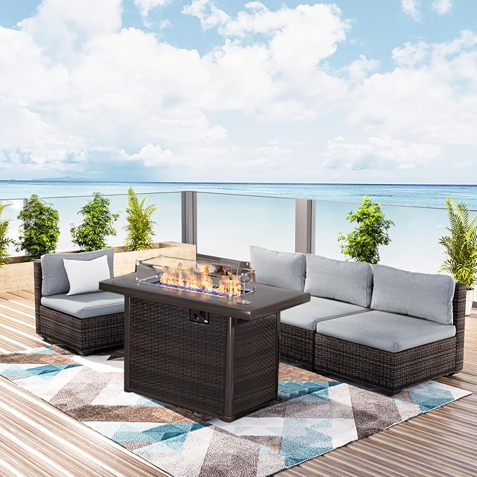 Patio Furniture Set with Fire Pit Table, Outdoor Sectional Rattan Sofa Set, Patio Set Seating Furniture with Thickened Cushions (Gray, 5 Pieces)