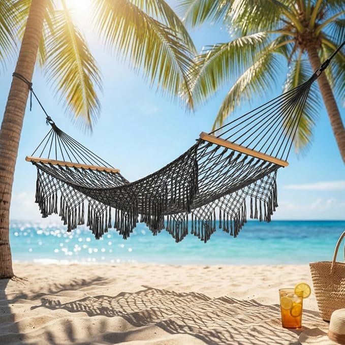 Hand Woven Cotton Rope Hammock, 10 ft Hammock for Patio Garden Yard Porch Camping Beach Indoor Outdoor Hanging Include Rope Straps, 450lb Capacity(Black)