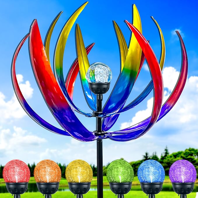 70 in Large Wind Spinners Outdoor, Solar Wind Sculpture, Violet Blue | Metal Windmill with Solar Multi-Color Light, All Weather Decor , Ideal Yard Art for Garden, Backyard, Lawn & Outdoor Decor