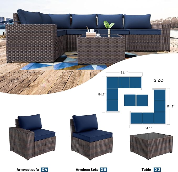 Kullavik 12PCS Outdoor Patio Furniture Set PE Wicker Rattan Sectional Sofa Patio Conversation Sets,Navy Blue