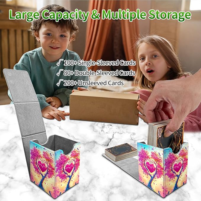 Deck Box for MTG, Cards Storage Box Fits 120+ Sleeved, Leather Medium Size Strong Magnetic Closing Card Case for Board Games Magic TCG CCG Baseball Collection, Pink Tree