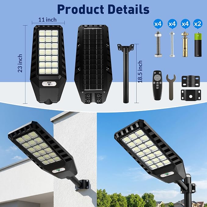 Solar Street Light Outdoor Waterproof, 23” Large Solar Light with Motion Sensor, 6500K Dusk to Dawn Security LED Flood Light, Commercial Outdoor Lighting Heavy Duty for Parking Lot Yard Driveway Farm