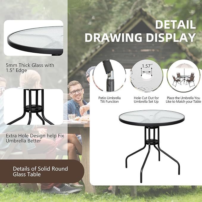 Vongrasig 6 Pieces Folding Patio Dining Set, All Weather Small Metal Outdoor Table and Chair Set, Garden Patio Furniture Set w/Umbrella, Glass Table & 4 Folding Chairs for Lawn, Backyard, Brown