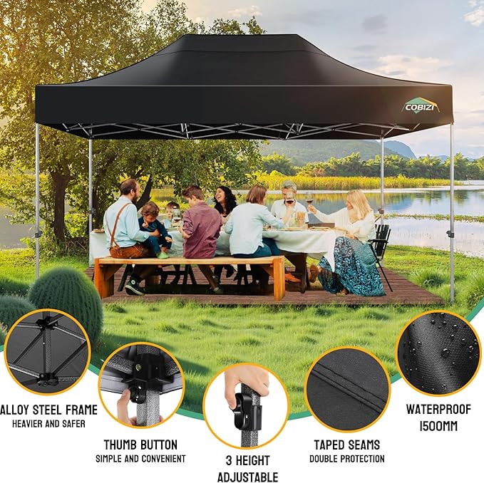 COBIZI 10x15 Pop up Canopy Tent Heavy Duty, Easy Set-up Commercial Outdoor Party Tent, 100% Waterproof Wedding Tents Gazebo, 3 Height Adjustable with Handbag, Black