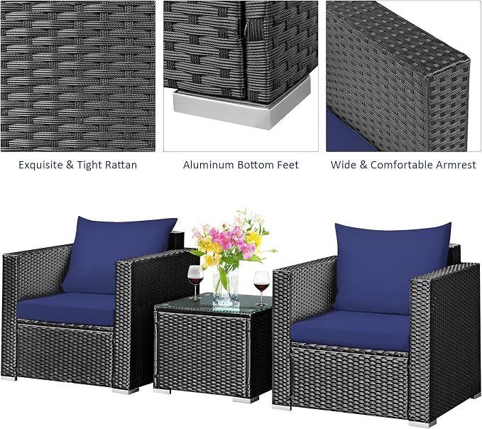 Tangkula 3 Pieces Patio Furniture Set, PE Rattan Wicker Sofa Set w/Washable Cushion and Tempered Glass Tabletop, Outdoor Conversation Furniture for Garden Poolside (Navy Blue)