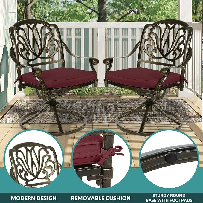 MEETWARM 9-Piece Outdoor Patio Dining Set, All Weather Cast Aluminum Patio Funiture Table and Chairs Set- 94.5” Rectangular Table and 2 Swivel Rocker Chairs, 6 Stationary, Umbrella Hole, Chili Red