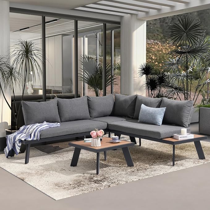 SUNSITT 4-Piece Outdoor Patio Furniture Set L-Shaped Aluminum Sectional Sofa with Faux Wood Grain Top Coffee Table, All-Weather Patio Conversation Set with Cushions, Dark Grey