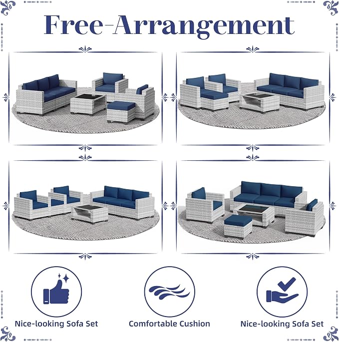 KIGOTY Patio Furniture Set 7 PCS Patio Conversation Sets, All-Weather PE Rattan Outdoor Sectional Sofa with Cushion and 2- Tier Glass Coffee Table（Grey White/Dark Blue）