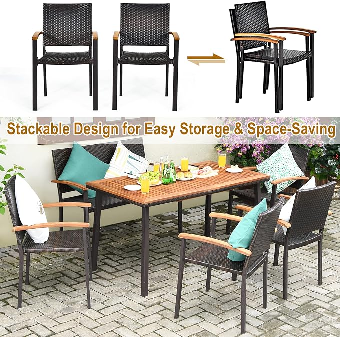 Tangkula 6 Piece Patio Dining Set, Outdoor Acacia Wood Dining Furniture w/Acacia Wood Table Top, Modern Conversation Set w/ 4 Rattan Chairs & 1 Rattan Bench for Backyard Garden Poolside Lawn