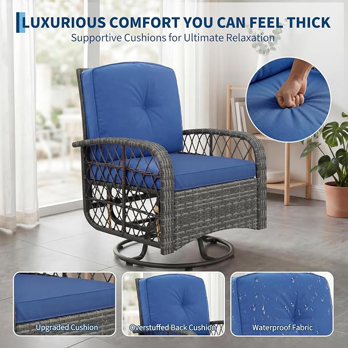 IDEALHOUSE 3-Piece Outdoor Patio Furniture Set, Wicker Swivel Rocking Chairs with Thick Cushions and Glass Coffee Table, Backyard & Garden Bistro Rocker Set, Grey+Blue Cushion