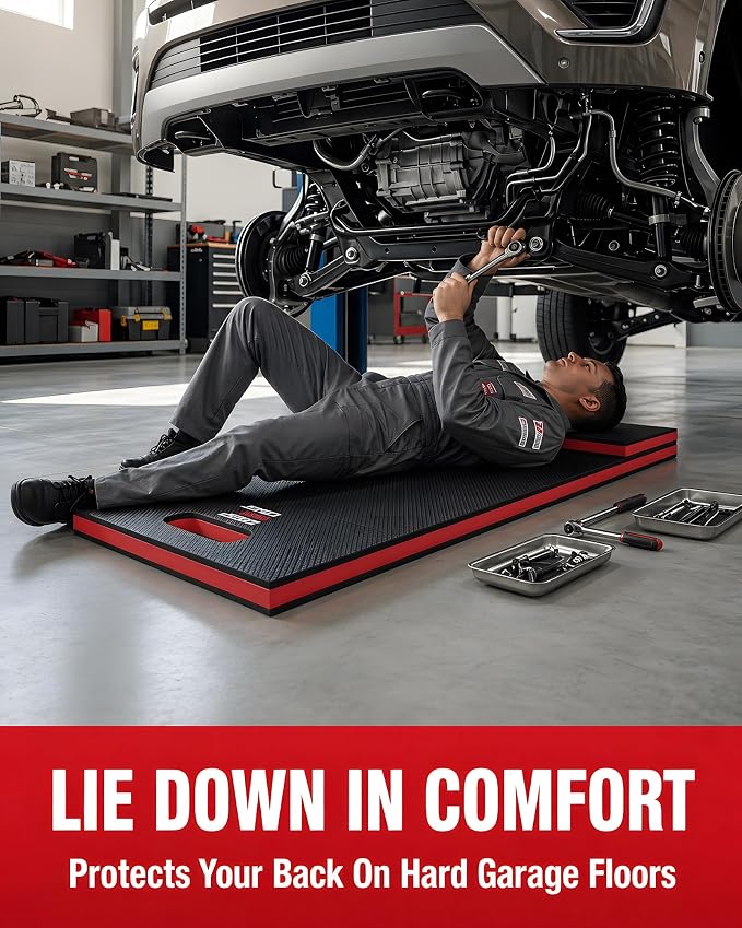 Folding Kneeling Pad, 1 Inch Thick Compact Mechanic Mat, Red | 47.24 x 15.74 Inch 6-Panel Firm Foam Pad with Carry Handle, Water-Resistant Textured Surface for Garage and DIY Work
